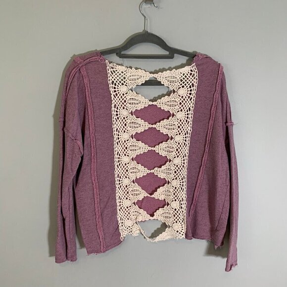 Free People dusty lilac open lace detail long sleeve crop length oversized shirt - Picture 4 of 9